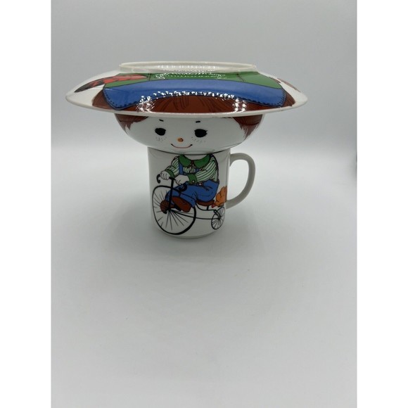 Vintage 3pc Stackable Mug, Bowl, Cup - Boy On Bike - Made In Japan For Kmart - Picture 1 of 10